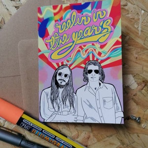 Carte de voeux. Dan d'acier. R6. Icône de la musique. américain. Alternative. Illustration originale. Rosie et Ramona.