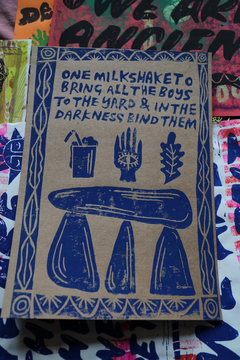Lino Print. A4. Funny Quote. Witch Spell. Milkshake. Original Art. Folk Art. Linoprint. Witch Aesthetic. Unique Art. Rosie and Ramona. Bild 1