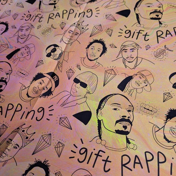 Papel de regalo. Hoja A2. Papel rapeando. Hip hop. Iconos de la música. Jaspeado. Rosie y Ramona.