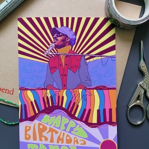Carte de voeux. Joyeux anniversaire. R6. Stevie Wonder. Icône de la musique. Paroles. Uniques. Rosie et Ramona.