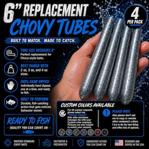 May include: Four 6-inch grey fishing lures with blue glitter flecks. The text reads 6 inch replacement chovy tubes, 4 per pack, built to match made to catch, custom colors available, ready to fish, and designed and dipped in the USA with icons.