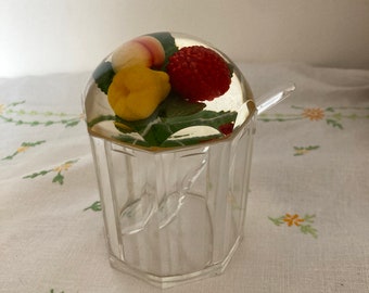 Vintage 1950s Lucite Preserve Pot with Lid  & Spoon Jam Jar Sugar Bowl Kitsch Kitchenalia
