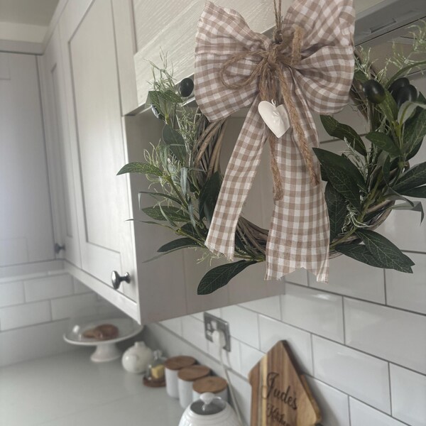 Rustic Willow Wreath: Olive Branch, Rosemary & Gingham Bow