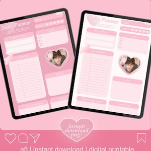 May include: Two digital daily planner templates displayed on tablets, featuring a pink color scheme with sections for date, mood, priorities, tasks, schedule, notes, streaming goal, and tomorrow. Each includes a heart-shaped photo frame.
