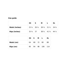 May include: Size guide chart for clothing with measurements in inches and centimetres. The chart shows sizes XS, S, M, L, and XL with corresponding waist and hip measurements.