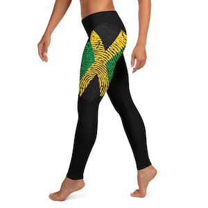 Jamaica Flag Fingerprint Leggings | Jamaican pride | Jamaica clothing | Black legging | Yoga Leggings| I Love Jamaica Gift | Cool Runnings