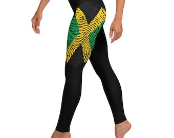 Jamaica Flag Fingerprint Leggings | Jamaican pride | Jamaica clothing | Black legging | Yoga Leggings| I Love Jamaica Gift | Cool Runnings
