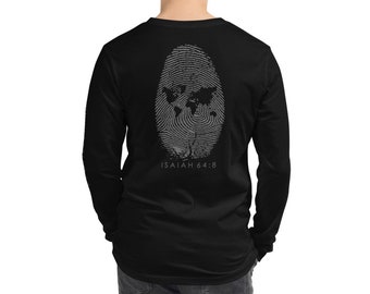 Unisex vingerafdruk lange mouw | Bijbel vers shirt | Mens Tee | Reizen shirt | Womens lange mouw | Woorden op de mouw