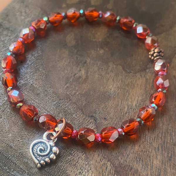 Campfire Red Glass Stretch Bracelet with Silver Heart Charm