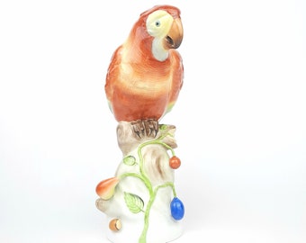 Vintage Herend porcelain parrot figurine. Mid century hand painted red macaw statuette,  Hungary