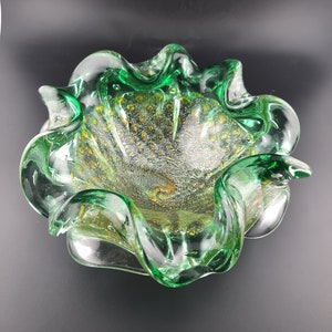 Vintage Murano Glass Aventurine and Bulicante bowl. Heavy glass bowl, green glass and gold speckles.