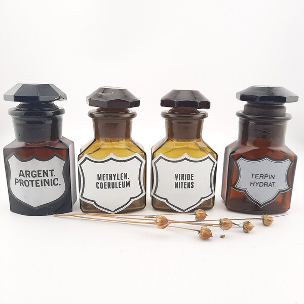 Antique pharmacy apothecary glass bottles 1910s, hand painted labels. Old medical glass, brown bottles, faceted stoppers.