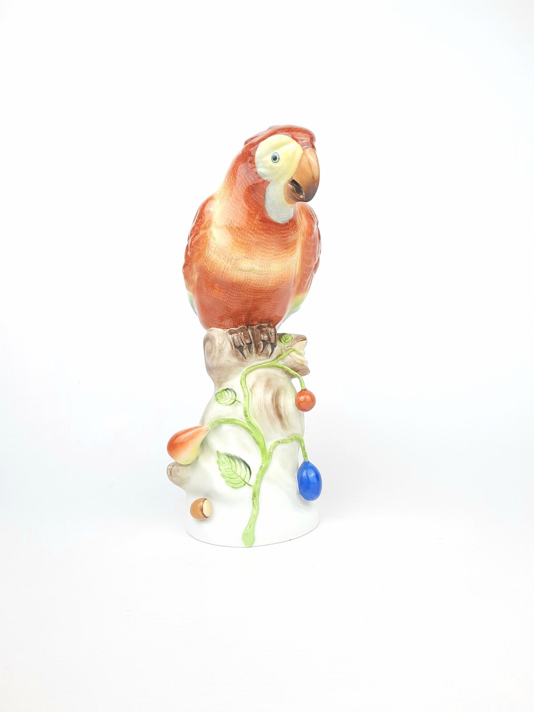 Vintage Herend Porcelain Parrot Figurine. Mid Century Hand Painted Red