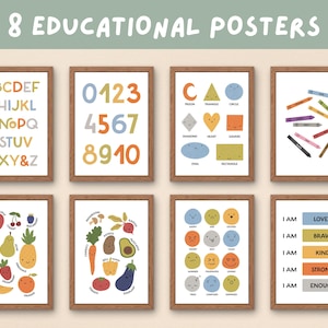 8 carteles educativos para preescolar inspirados en Montessori / Alfabeto, números, formas y más imprimibles / Descarga digital