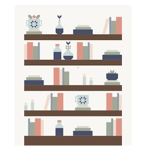 May include: A flat graphic illustration of a five-shelf bookcase featuring rows of books in shades of coral, sage green, and navy blue. The shelves are decorated with small vases, potted plants, candles, and mugs with geometric star patterns.