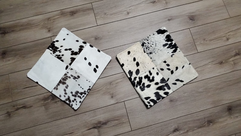 Tricolor Black /& White Spoted Patchwork Cow Pelt Cushion Cover Set of 2 Cow Skin Pillowcase 16x16 in