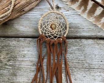 Beaded Hemp Dreamcatcher Necklace | Suede Fringe, Earth Tone, Boho Hippie Jewelry