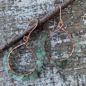 Copper Wire and Green Glass Bead Earrings