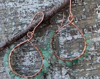 Copper Wire and Green Glass Bead Earrings