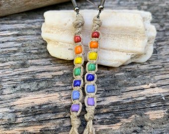 Rainbow Glass Bead Hemp Earrings: Dangle Beaded Jewelry