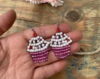 Beaded Cupcake Earrings | Pink & White Glass Seed Beads, Fun Food Jewelry