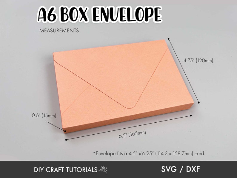 May include: A diagram showing the measurements for an A6 box envelope. The envelope is peach colored and measures 6.5 inches by 4.75 inches. The envelope is 0.6 inches deep. The text states that the envelope fits a 4.5 inch by 6.25 inch card.