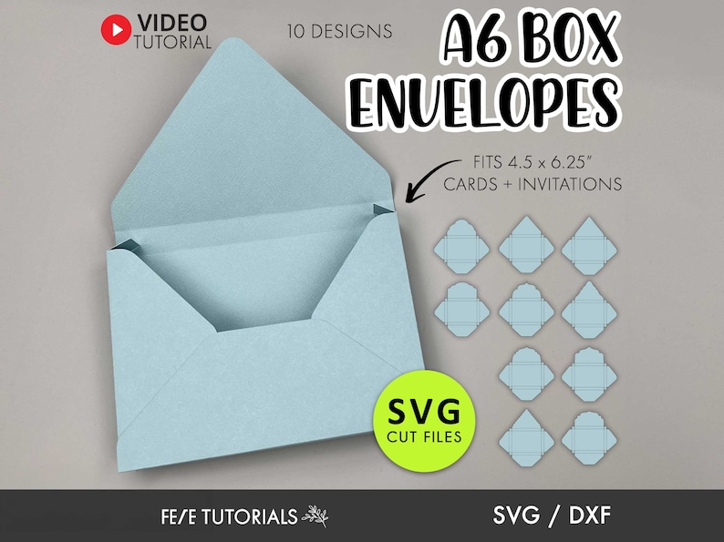 May include: A set of 10 printable A6 box envelope designs, perfect for cards and invitations. The designs are in SVG format and can be cut with a cutting machine. The image shows a light blue envelope with a video tutorial icon and the text "VIDEO TUTORIAL".
