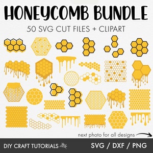 以下が含まれることがあります： 様々な形状の黄色と黒のハニカムデザインのコレクション。画像には「HONEYCOMB BUNDLE」と「50 SVG CUT FILES + CLIPART」というテキストが含まれています。DIYクラフトプロジェクトに適しており、SVG、DXF、PNG形式です。