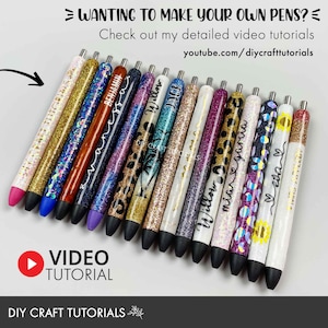 May include: A collection of glitter pens in various colors, with names and patterns. The image includes text that says "WANTING TO MAKE YOUR OWN PENS?" and "Check out my detailed video tutorials youtube.com/diycrafttutorials". A video tutorial logo is also present.