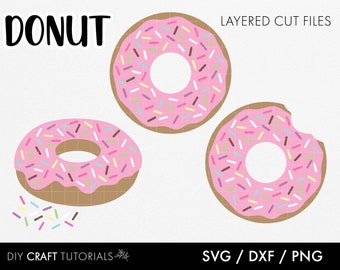 May include: A pink donut with colorful sprinkles and a bite taken out of it. The donut is layered for cutting and comes in SVG, DXF, and PNG formats.