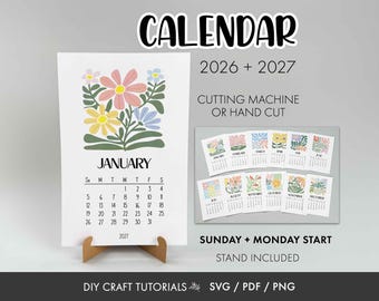 Calendar svg, Desk Calendar svg, printable calendar, floral calendar svg, mini desk calendar svg, 2026 calendar, 2027 Calendar