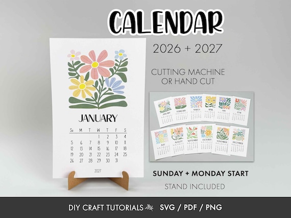 Calendar svg, Desk Calendar svg, printable calendar, floral calendar svg, mini desk calendar svg, 2026 calendar, 2027 Calendar