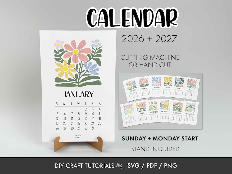 Calendar svg, Desk Calendar svg, printable calendar, floral calendar svg, mini desk calendar svg, 2026 calendar, 2027 Calendar 画像 1