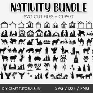 May include: A black and white digital clipart bundle of Nativity scene elements. The bundle includes images of the stable, animals, people, stars, and palm trees. The text "Nativity Bundle" and "SVG Cut Files + Clipart" is at the top of the image. The text "DIY Craft Tutorials" and "SVG/DXF/PNG" is at the bottom of the image.