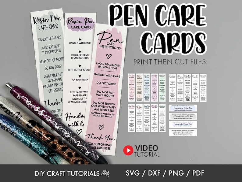 May include: Image features pen care cards with instructions and a variety of pen designs. The cards provide care tips like handling with care and avoiding extreme temperatures. The pens have glitter and animal print designs.