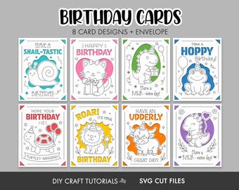 Kids Animal Birthday Card SVG Bundle: 8 Insert Cards and Envelope