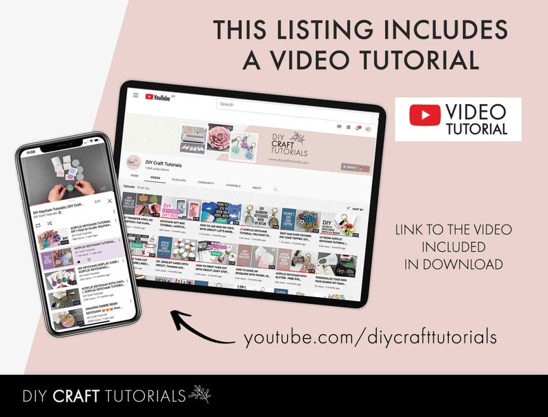 May include: A screenshot of a YouTube video tutorial on DIY crafts. The video is titled "DIY Craft Tutorials" and the channel is "DIY Craft Tutorials". The video is about making resin crafts. The image also includes a text overlay that says "This listing includes a video tutorial" and "Link to the video included in download".
