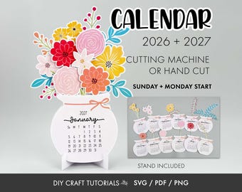 Flower Vase Calendar SVG | 2026 2027 Floral Desk Calendar SVG