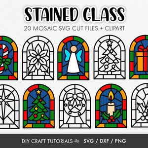 May include: A collection of stained glass designs featuring Christmas-themed images. The designs include a candy cane, poinsettia, angel, Christmas tree, gift, star, bow, candle, and holly. The text "STAINED GLASS" and "20 MOSAIC SVG CUT FILES + CLIPART" are displayed.