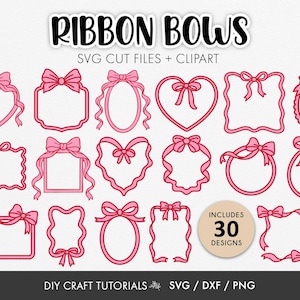 May include: A selection of pink ribbon bow designs in diverse shapes, such as hearts, ovals, and squares. The text "RIBBON BOWS SVG CUT FILES + CLIPART" is at the top. The image includes 30 designs and DIY craft tutorials.
