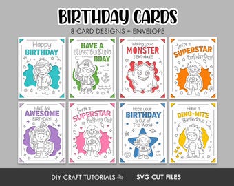 Kids Birthday Card SVG Bundle: 8 Card Designs and Envelope Template