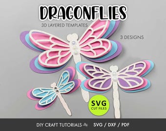 3D Dragonfly SVG, Layered Dragonfly Cut File, Paper Dragonfly Template