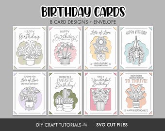 Plant Lover Birthday Card SVG Bundle: 8 Botanical Insert Cards and Envelope