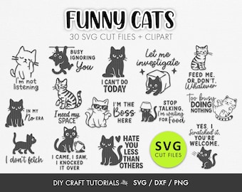 Funny Cat SVG Bundle | 30 Sarcastic Cat Quote SVG Files | Sassy Kitty Clipart | Cat Lover SVG