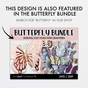 May include: A digital cut file bundle for crafters featuring a variety of butterfly designs. The bundle includes SVG and DXF files. The image shows a collection of colorful butterflies with intricate details.