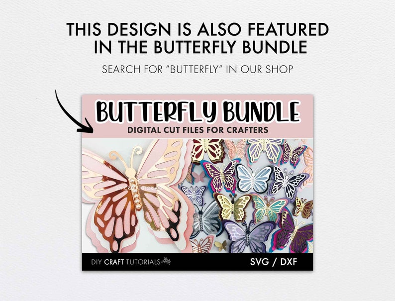 May include: A digital cut file bundle for crafters featuring a variety of butterfly designs. The bundle includes SVG and DXF files. The image shows a collection of colorful butterflies with intricate details.