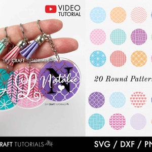 May include: Twenty round patterns in various colors and designs, including geometric, floral, and chevron patterns. The patterns are displayed on a white background with the text "20 Round Patterns" in black. The text "SVG/DXF/PNG" is also displayed in black at the bottom of the image.