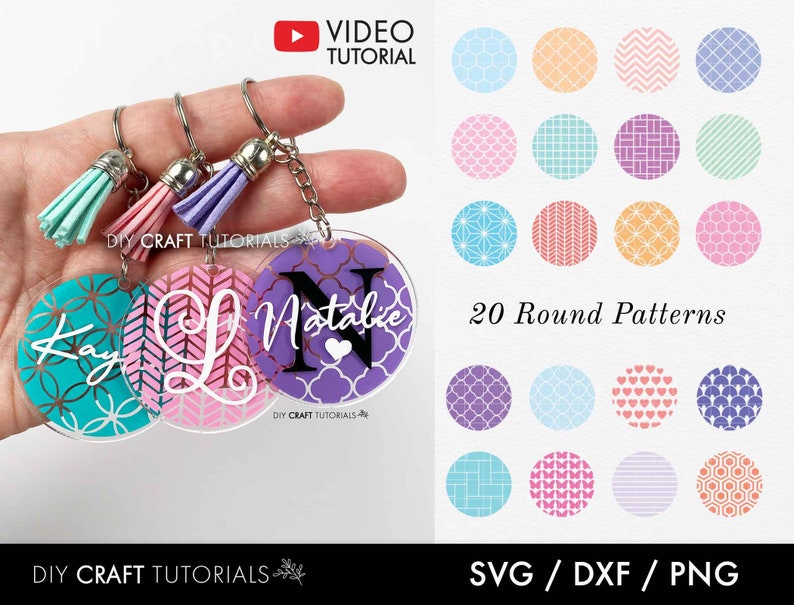 May include: Twenty round patterns in various colors and designs, including geometric, floral, and chevron patterns. The patterns are displayed on a white background with the text "20 Round Patterns" in black. The text "SVG/DXF/PNG" is also displayed in black at the bottom of the image.