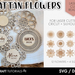 Fleur de rotin svg, signe de nom de bébé svg, Rattan SVG, signe de nom en bois, glowforge svg, fichiers découpés au laser, signe de bois svg, bébé svg, fleurs boho