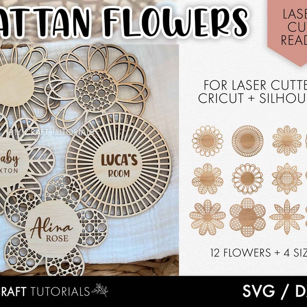 Rattan flower svg, baby name sign svg, Rattan SVG, wooden name sign, glowforge svg, laser cut files, wood sign svg, baby svg, boho flowers